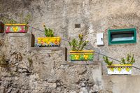 Bunte Blument&ouml;pfe auf Hausmauer, Amalfik&uuml;ste, Italien